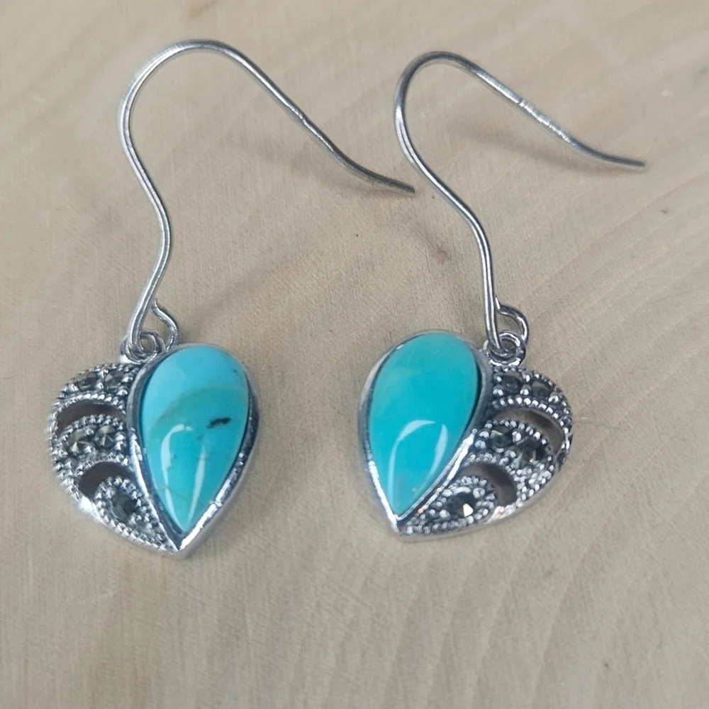 Sterling Silver And Marcasite Heart Dangle Earrings NWT 1